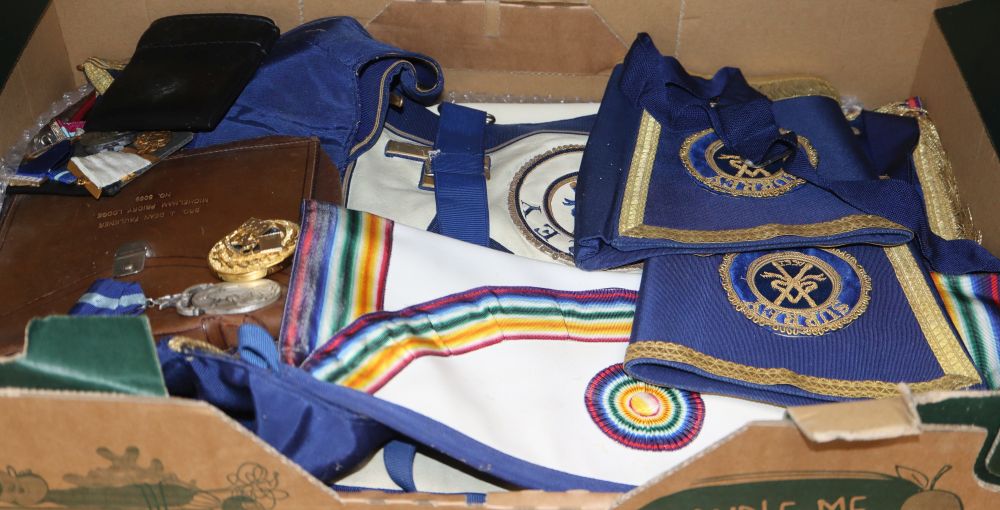 A group of Masonic regalia and a mounted model of the Sword of Charlemagne
